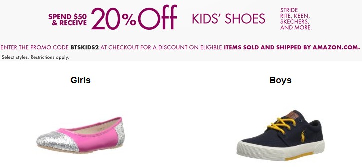 Amazon美国亚马逊 男、女款童鞋 优惠码 满$50额外8折(BTSKIDS2)