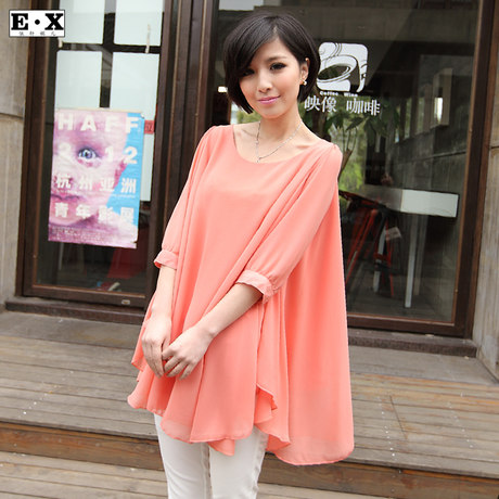 依轩媚儿2014新款女装韩版气质短袖宽松雪纺衫