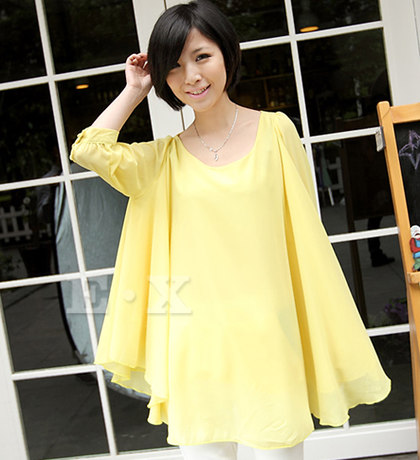 依轩媚儿2014新款女装韩版气质短袖宽松雪纺衫