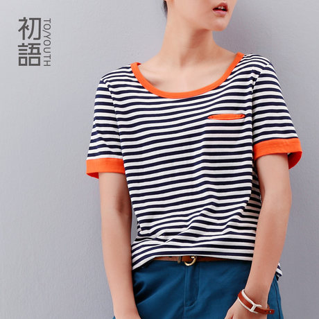 【聚75.8元】初语女装夏装2014新款 宽松条纹体恤黑白t恤女短袖