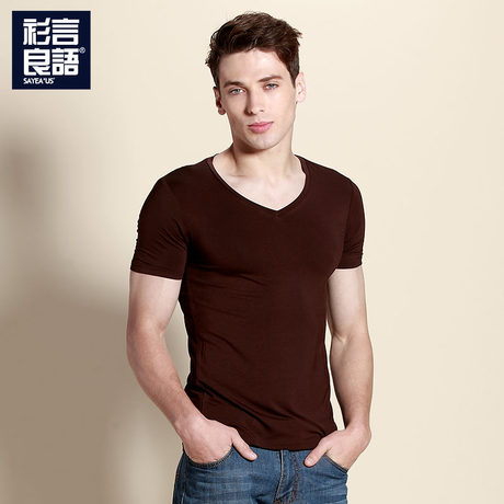 2014夏装新款莫代尔纯色V领男士短袖T恤