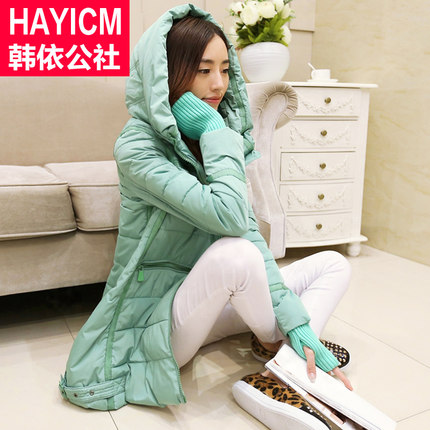 HANIN COMMLINE 韩依公社 2014冬装新款韩版女士羽绒服 中长款连帽女外套