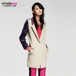 七格格 OTHERMIX艾森美斯 拼接撞色修身长款翻领羊毛呢大衣