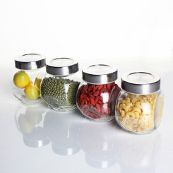 爱乐优 不锈钢盖无铅玻璃调料罐 密封罐 储物罐套装 4只装透明玻璃罐