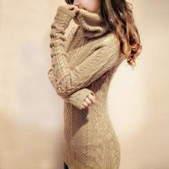 岚薇 麻花长款高领毛衣 女加厚打底针织衫 堆堆领长袖套头冬装外套 5色可选