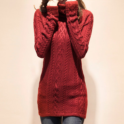 岚薇 麻花长款高领毛衣 女加厚打底针织衫 堆堆领长袖套头冬装外套 5色可选