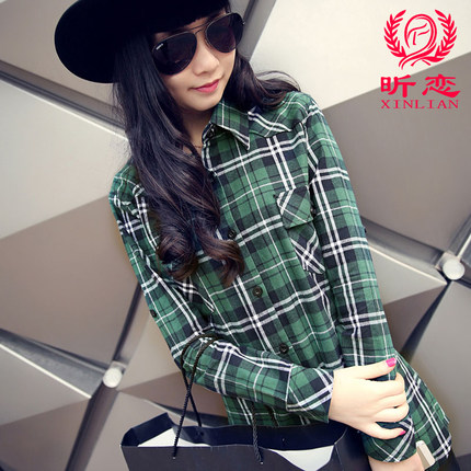 昕恋 2015新款春装纯棉格子衬衫 长袖韩版女装修身衬衣 13色可选