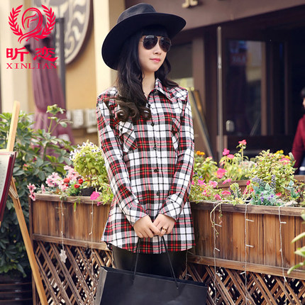 昕恋 2015新款春装纯棉格子衬衫 长袖韩版女装修身衬衣 13色可选