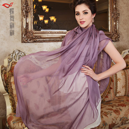 蝶舞翩翩 纯色丝巾高档真丝围巾 桑蚕丝女士长款春秋百搭纱巾披肩