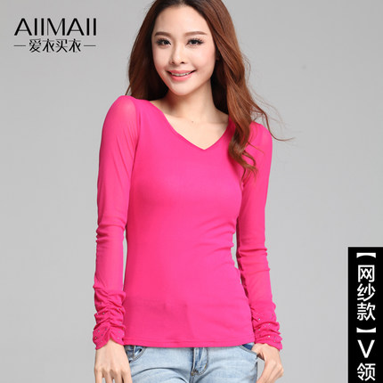 AIIMAII爱衣买衣 2015春秋新款女装网纱打底衫 长袖加厚加绒女士t恤