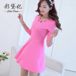 彩黛妃 2015春装新款大码女装性感镂空修身长袖针织连衣裙