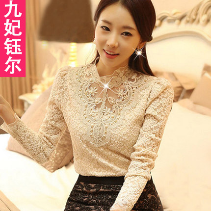 九妃钰尔 2015春装新款韩版蕾丝打底衫 女装长袖T恤上衣