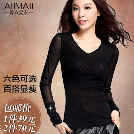 AIIMAII爱衣买衣 2015春秋新款女装网纱打底衫 长袖加厚加绒女士t恤