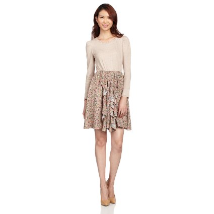 ochirly欧时力 女式 拼接碎花荷叶边长袖打底连衣裙 1115082200530