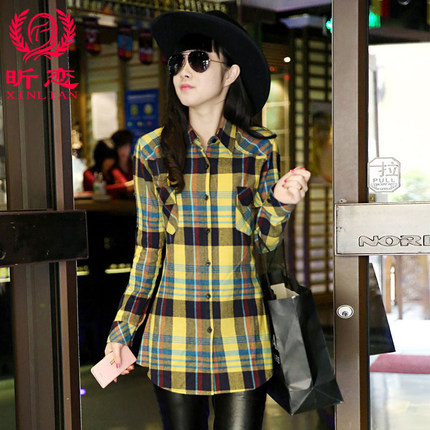 昕恋 2015新款春装纯棉格子衬衫 长袖韩版女装修身衬衣 13色可选