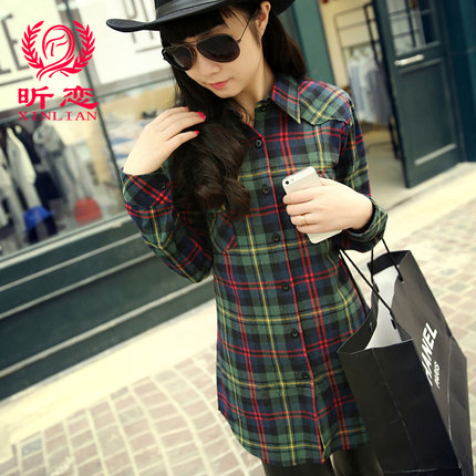 昕恋 2015新款春装纯棉格子衬衫 长袖韩版女装修身衬衣 13色可选