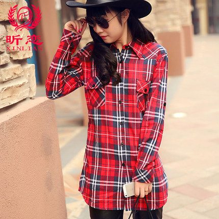昕恋 2015新款春装纯棉格子衬衫 长袖韩版女装修身衬衣 13色可选