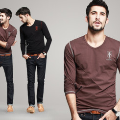 KUEGOU酷衣购 西域粗犷个性男装绣标V领T恤