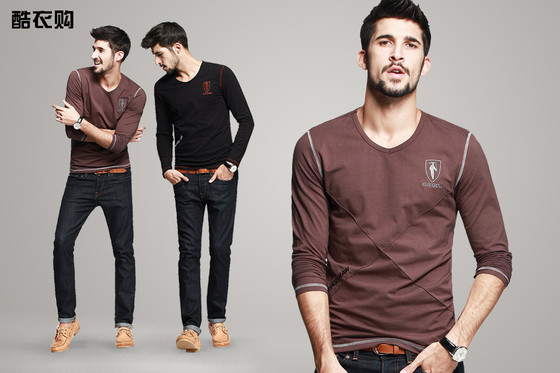 KUEGOU酷衣购 西域粗犷个性男装绣标V领T恤