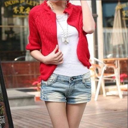 七婵 2015春装新款女装 韩版镂空短款披肩薄外套针织衫开衫毛衣 5色可选