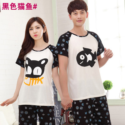 优柔 情侣睡衣男女夏季短袖棉质可爱卡通可外穿短裤+T恤家居服套装