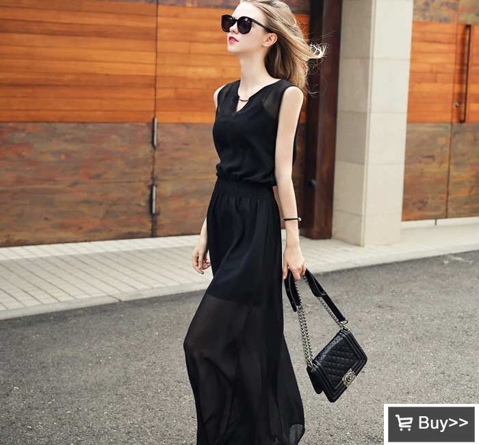 欧洲站黑色无袖雪纺连衣裙