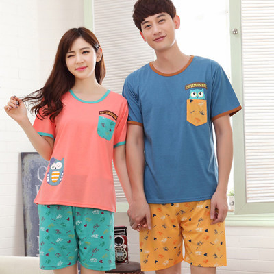 优柔 情侣睡衣男女夏季短袖棉质可爱卡通可外穿短裤+T恤家居服套装