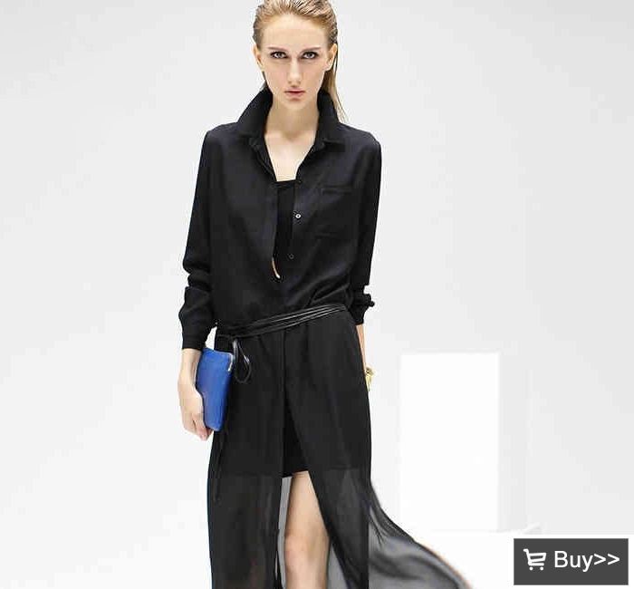 欧美透视雪纺衬衫式连衣裙