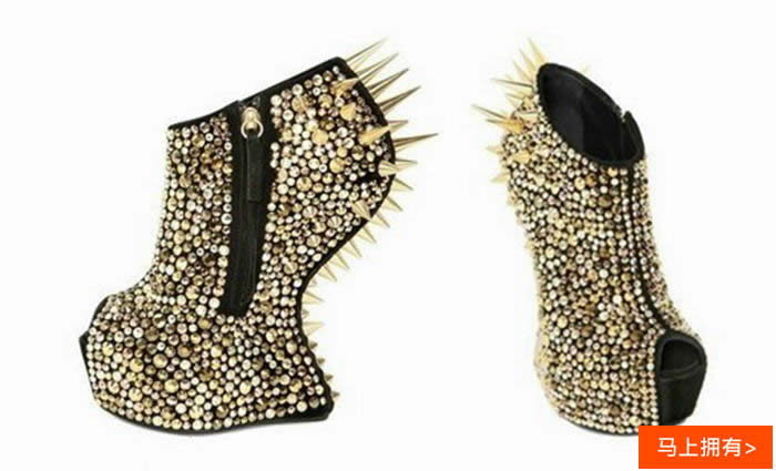 奢华彩钻铆钉鱼嘴鞋