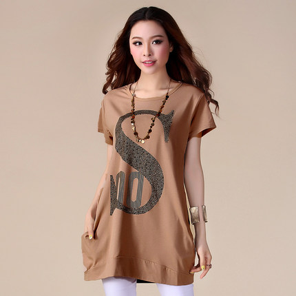 芳妮诗 2015春夏新款女装短袖t恤 韩版中长款宽松大码修身棉上衣