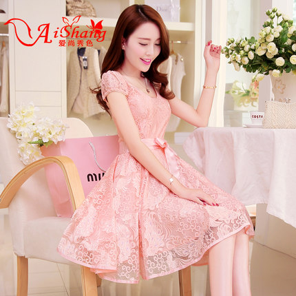 爱尚秀色 2015夏装新款韩版短袖蕾丝连衣裙 女装中长裙大码大摆裙子
