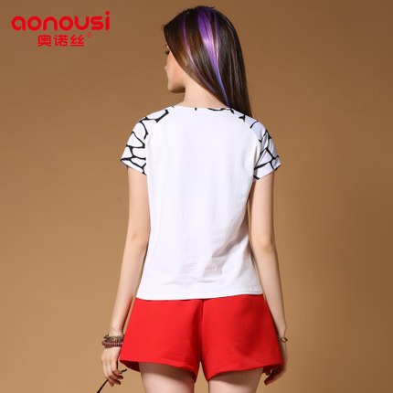 奥诺丝 2015夏季新款女装韩版修身印花拼接雪纺衫短袖T恤T606