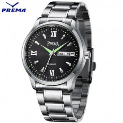 Prema宝利玛 夜光星期日历防水手表 正品韩版钢带商务皮带男表石英表男士手表