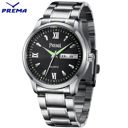 Prema宝利玛 夜光星期日历防水手表 正品韩版钢带商务皮带男表石英表男士手表