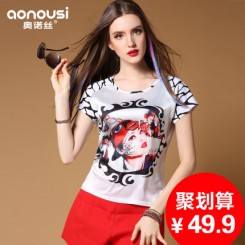 奥诺丝 2015夏季新款女装韩版修身印花拼接雪纺衫短袖T恤T606