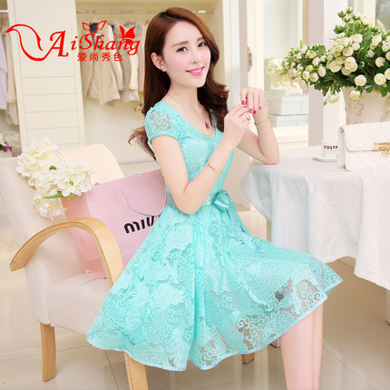 爱尚秀色 2015夏装新款韩版短袖蕾丝连衣裙 女装中长裙大码大摆裙子