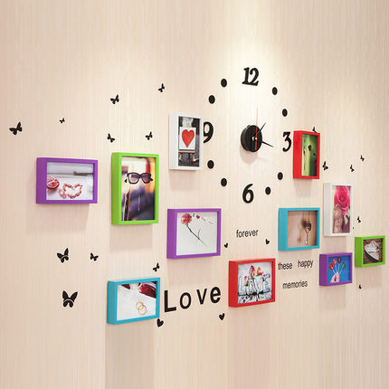 彩云边 欧式钟表照片墙 彩色挂钟相片墙 创意画框组合相框墙