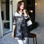 美玖 2015夏装新款女装雪纺衫 韩版宽松大码印花中长款短袖上衣小衫