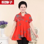 祝婶子 夏季中老年女装民族风长袖T恤衫 中年妈妈装 棉绸短袖长T恤 3色可选