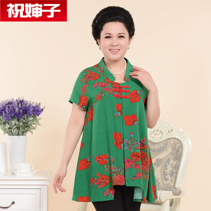 祝婶子 夏季中老年女装民族风长袖T恤衫 中年妈妈装 棉绸短袖长T恤 3色可选