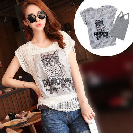 贝蒂·艾维 2015夏装韩版女士大码休闲猫咪印花宽松圆领两件套短袖T恤 3色可选