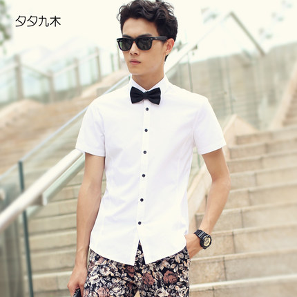 夕夕九木 2015夏季新款纯色修身短袖衬衫 男士韩版时尚衬衣男装