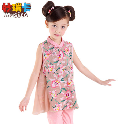 妙瑞卡 复古女童旗袍纯棉夏天儿童唐装小孩子童装女孩公主上衣古筝演出服
