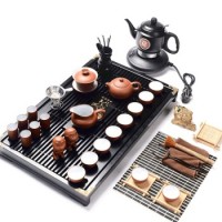 馨铭堂 紫砂柯木实木茶盘茶具茶壶茶杯带电热炉功夫茶具套装 马到成功(红色)