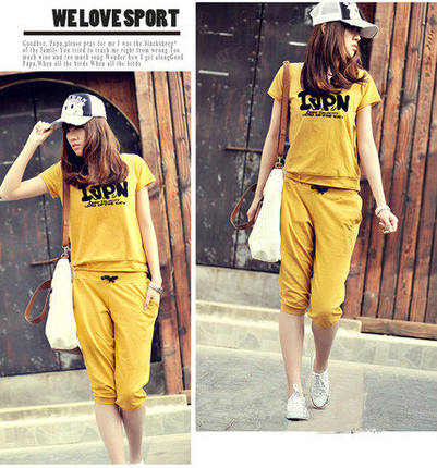 薇点 女士大码短袖T恤+短裤休闲运动套装 7色可选