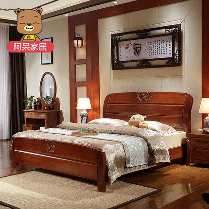 阿呆家居 中式全实木床橡木床 双人床1.5M 高箱储物床 卧室家具