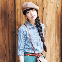 Q.FOUR 文艺条纹衬衫棉麻女装中袖上衣森女系小清新学生长袖衬衣秋装 7色可选