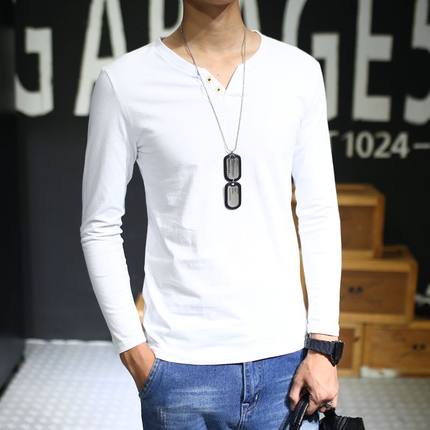 VINHOPESS威宏丝 新款纯棉男士长袖T恤 V领修身韩版男装 秋季纯色打底衫