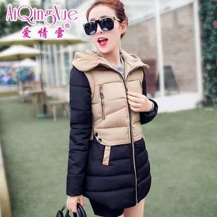 爱情雪 2015秋冬新款韩版时尚拼接中长款女士棉服 修身轻薄棉衣