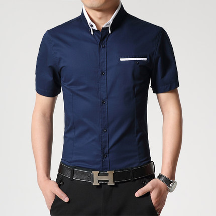 华丝德利 夏季男士短袖韩版修身纯色半袖衬衣时尚潮男衬衫